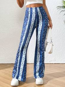 SHEIN PETITE 滿版印花喇叭褲 - 藍白色 - 查看 5