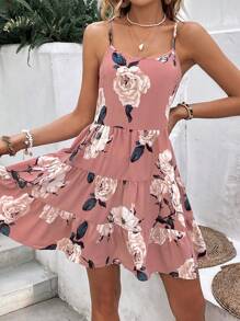 SHEIN VCAY Floral Print Ruffle Hem Cami Dress - Multicolor - View 4