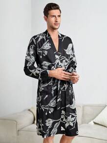 Men 1pc Floral Print Belted Sleep Rope - Black - View 4