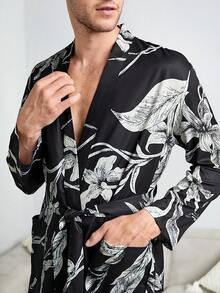 Men 1pc Floral Print Belted Sleep Rope - Black - View 5