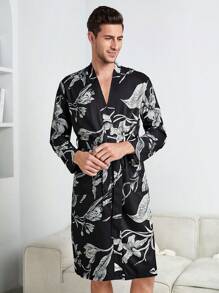 Men 1pc Floral Print Belted Sleep Rope - Black - View 8