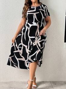 SHEIN LUNE 大碼圖案印花A字連衣裙 - 彩色 - 查看 1