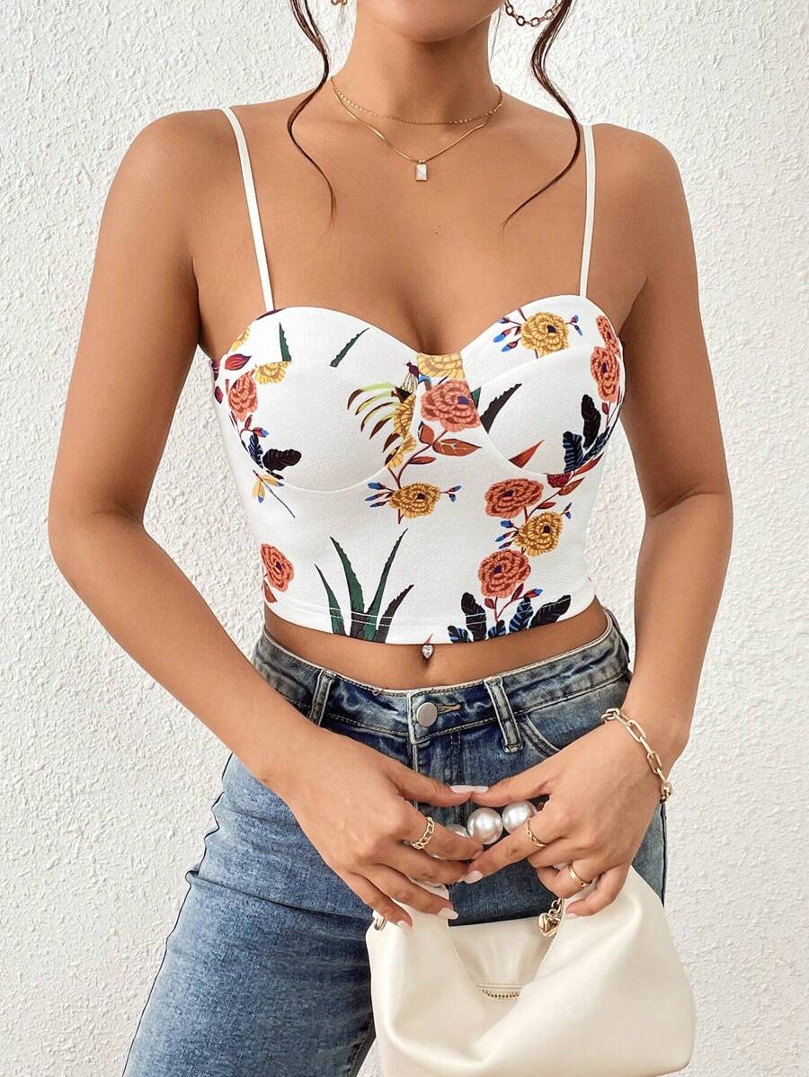 SHEIN Privé Women Camisole Top Floral Print Cami Top - White - View 1