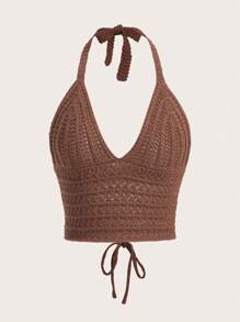 ROMWE Summer Crochet Beach Holiday Solid Tie Backless Halter Knit Top