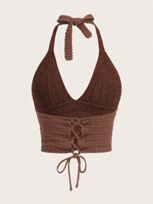 ROMWE Summer Crochet Beach Holiday Solid Tie Backless Halter Knit Top