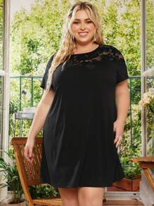 SHEIN CURVE+ Vestidos Tallas Grandes Encaje en contraste Liso Casual - Negro - Ver 3
