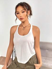 SHEIN EZwear 素色不對稱下擺背心上衣 - 白色 - 查看 5