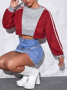 SHEINNeu Colourblock Contrast Binding Drop Shoulder Crop Sweatshirt - Multicolor - View 3