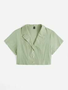 SHEIN EZwear Áo sơ mi Plus Size Nút phía trước màu trơn Giải trí - Màu xanh chanh - Xem 3