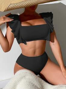 荷葉邊高腰比基尼泳裝 - 黑色 - 查看 1