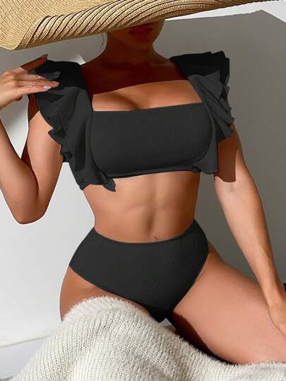 荷葉邊高腰比基尼泳裝