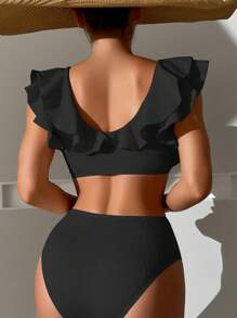 荷葉邊高腰比基尼泳裝 - 黑色 - 查看 2