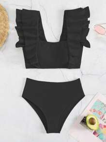 荷葉邊高腰比基尼泳裝 - 黑色 - 查看 3