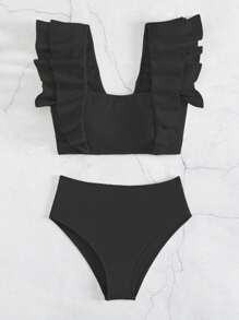 荷葉邊高腰比基尼泳裝 - 黑色 - 查看 5