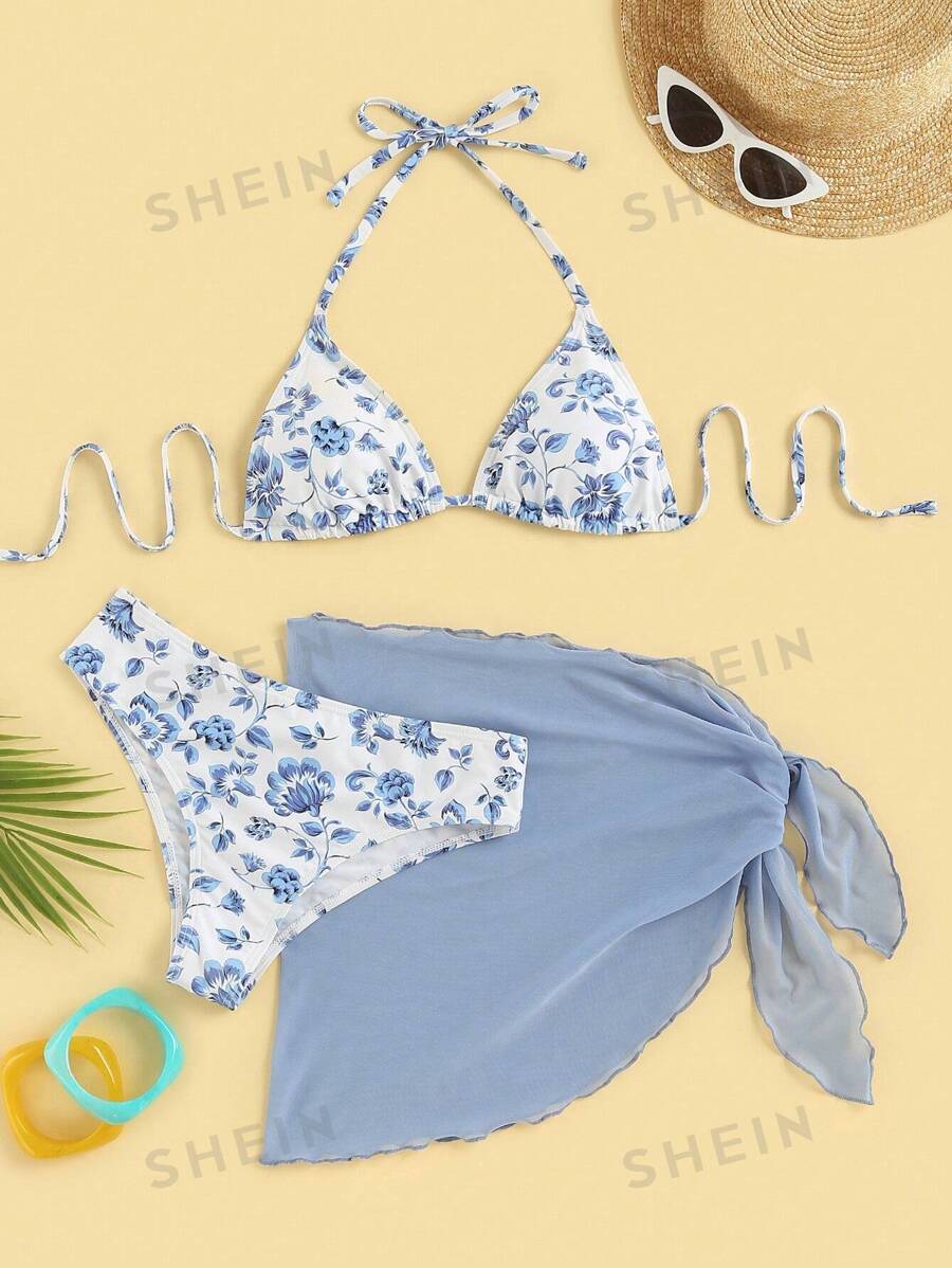 Swim Mod Bañador bikini triángulo con estampado floral con falda de playa