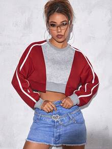 SHEINNeu Colourblock Contrast Binding Drop Shoulder Crop Sweatshirt - Multicolor - View 5