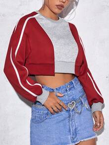 SHEINNeu Colourblock Contrast Binding Drop Shoulder Crop Sweatshirt - Multicolor - View 6