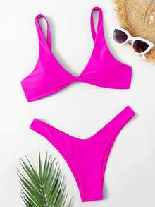 Swim Chiccia Summer Beach Twist High Cut Bikini Set - Hot Pink - View 5