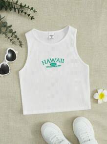 SHEIN Girls Embroidery Letter Pattern Ribbed Knit Tank Top - White - View 1