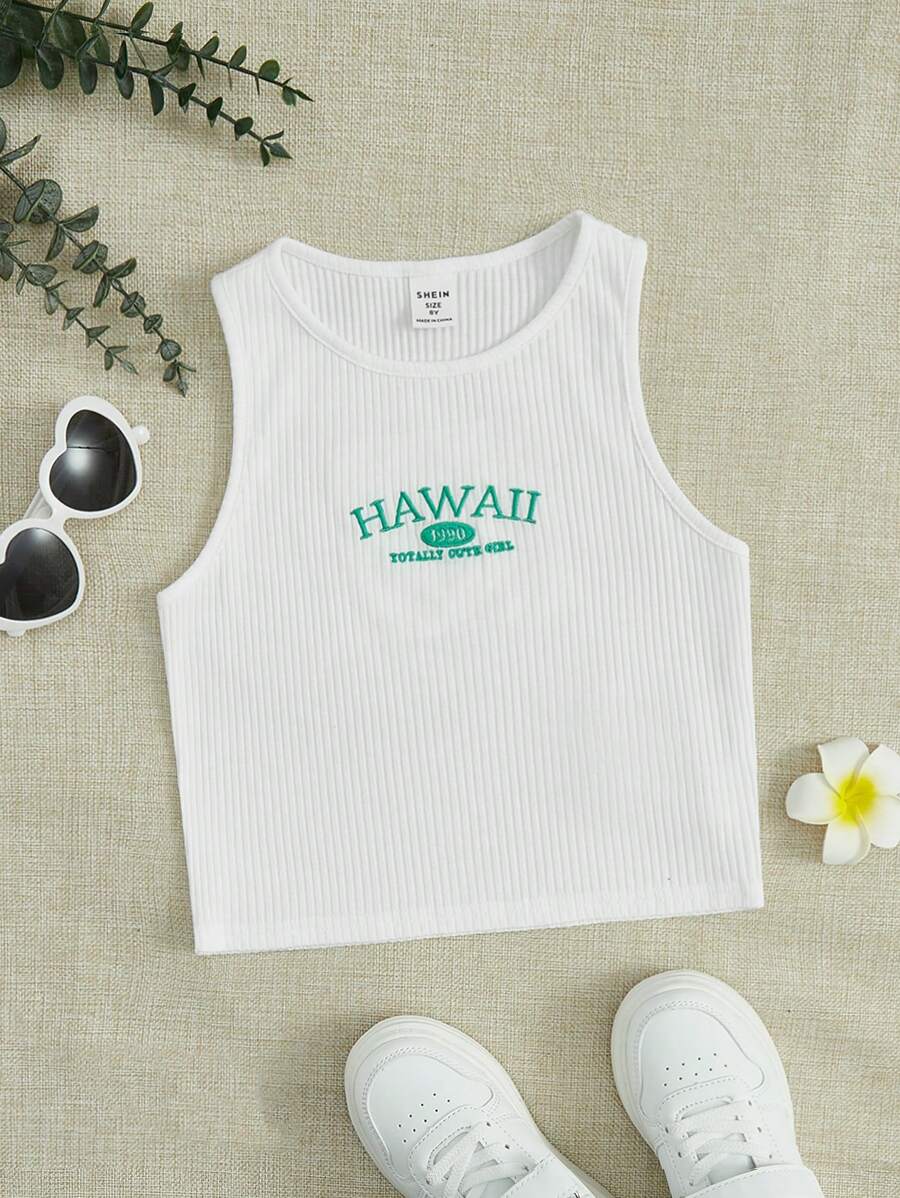 SHEIN Girls Embroidery Letter Pattern Ribbed Knit Tank Top - White - View 1