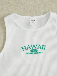 SHEIN Girls Embroidery Letter Pattern Ribbed Knit Tank Top - White - View 3