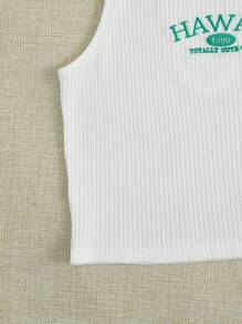 SHEIN Girls Embroidery Letter Pattern Ribbed Knit Tank Top - White - View 4