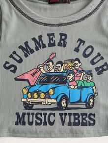 GOLDENLINE 字母和車圖案頂針背心上衣 - 綠色 - 查看 2