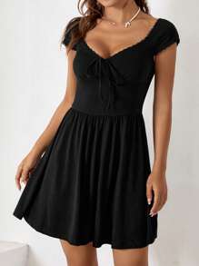 SHEIN EZwear 雞心領口前打結A字連衣裙 - 黑色 - 查看 1