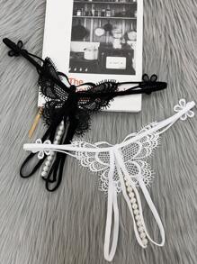 2pcs Butterfly Decor Sexy G-String Lingerie - Black and White - View 1