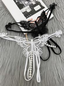 2pcs Butterfly Decor Sexy G-String Lingerie - Black and White - View 2