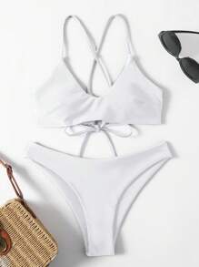 素色後背繫帶比基尼泳裝 - 白色 - 查看 1