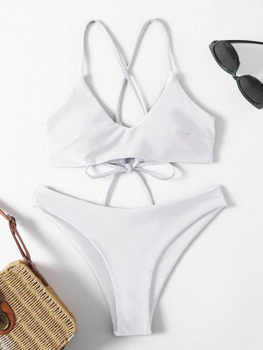 素色後背繫帶比基尼泳裝 - 白色 - 查看 1