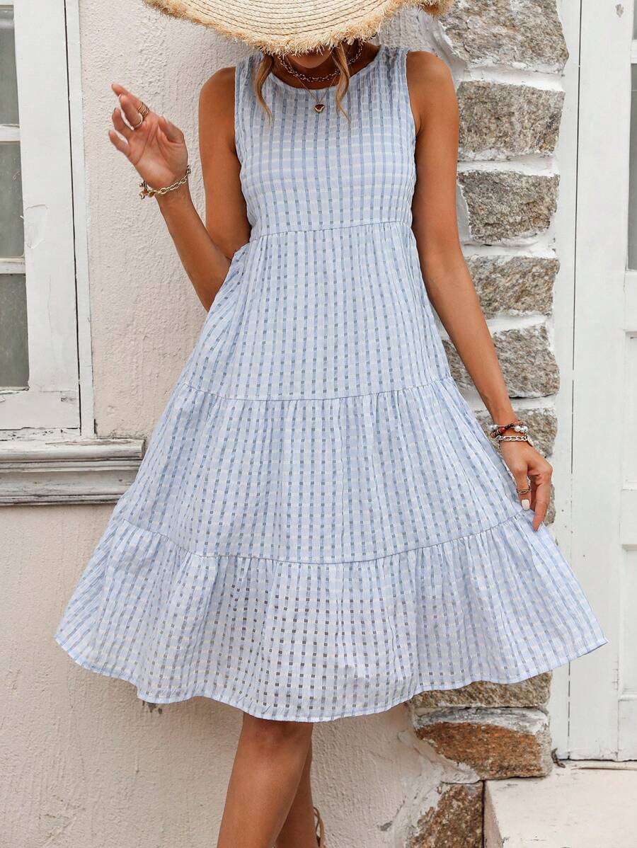 SHEIN Frenchy Keyhole Back Ruffle Hem Dress - Baby Blue - View 1