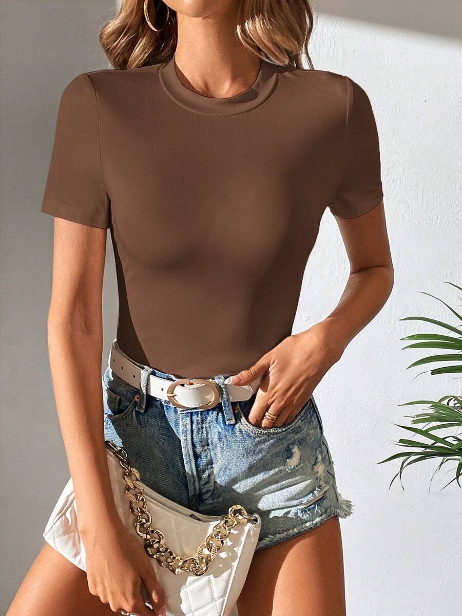 SHEIN Tall Solid Round Neck Tee - Brown - View 1