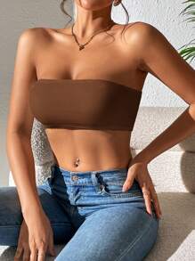 SHEIN PETITE 素色短款抹胸上衣 - 咖啡棕 - 查看 3