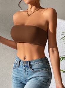 SHEIN PETITE 素色短款抹胸上衣 - 咖啡棕 - 查看 5