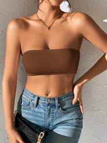 SHEIN PETITE 素色短款抹胸上衣 - 咖啡棕 - 查看 7