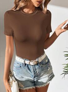 SHEIN Tall Solid Round Neck Tee - Brown - View 5