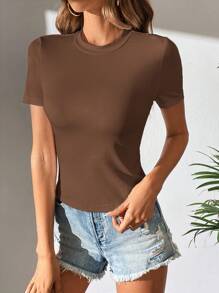 SHEIN Tall Solid Round Neck Tee - Brown - View 6