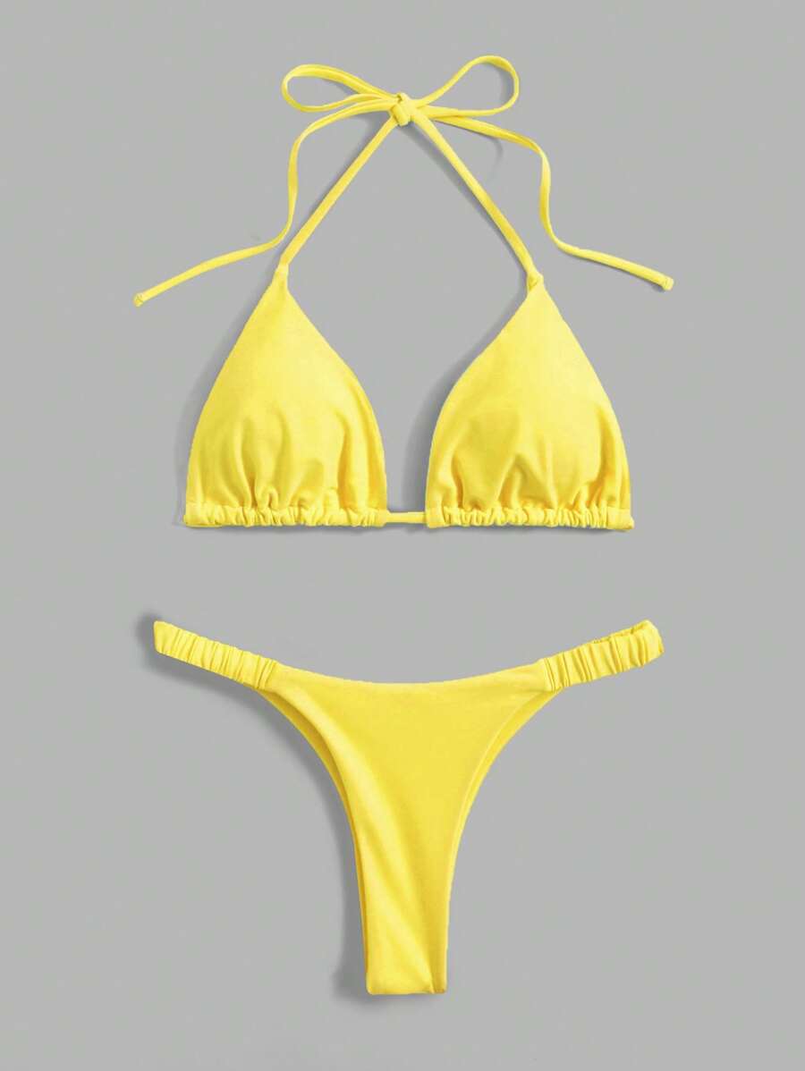 Swim Mod Summer Beach Solid Triangle Halter Bikini Set - Yellow - View 1