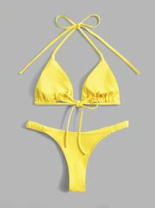 Swim Mod Summer Beach Solid Triangle Halter Bikini Set - Yellow - View 2