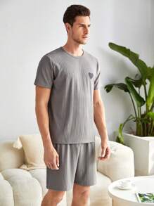 Men 1set Heart Print Tee & Shorts PJ Set / Pajama Set - Grey - View 4