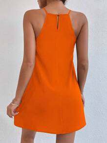 SHEIN PETITE Solid Keyhole Back Halter Neck Dress - Orange - View 2