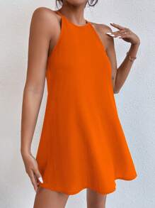 SHEIN PETITE Solid Keyhole Back Halter Neck Dress - Orange - View 3