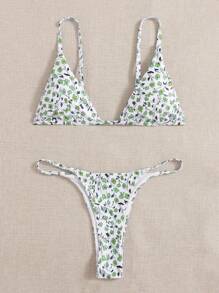 碎花三角杯丁字褲比基尼泳裝 - 白色 - 查看 1