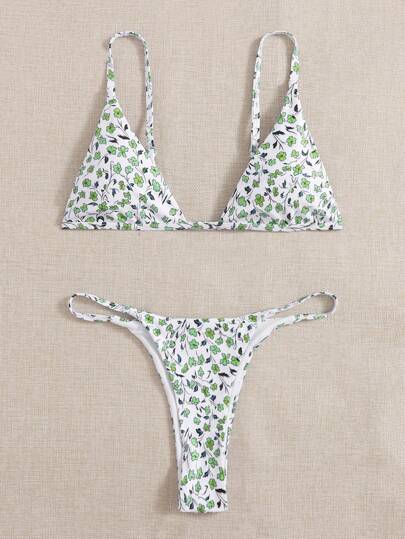 碎花三角杯丁字褲比基尼泳裝