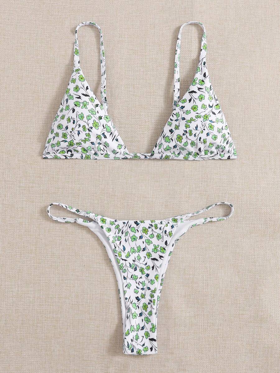 碎花三角杯丁字褲比基尼泳裝 - 白色 - 查看 1