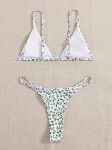 碎花三角杯丁字褲比基尼泳裝 - 白色 - 查看 2