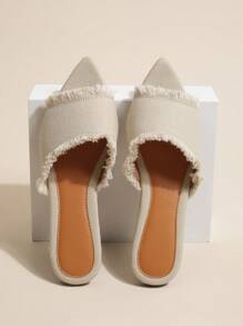 Elegant Apricot Sandals For Women, Raw Trim Denim Slide Sandals,Spring Summer Outfits - Apricot - View 4