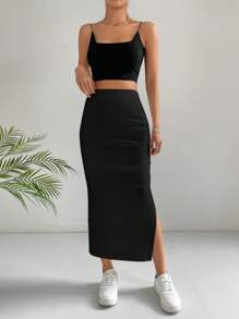 SHEIN EZwear Solid Split Thigh Ruched Skirt